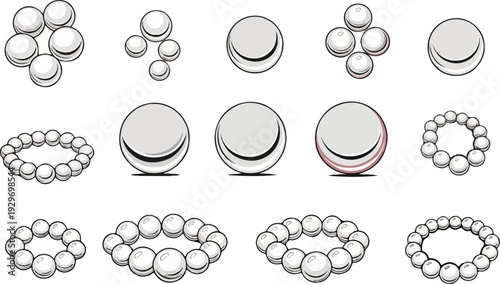 A collection of pearlescent spheres and pearl necklaces presented in a grid layout