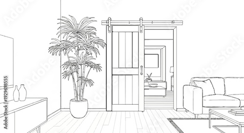 Interior sketch of a modern living space with a sliding barn door and lush plant