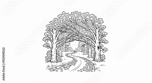 A winding, cobbled path curves through a forest canopy of lush trees