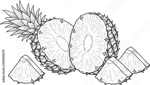 A detailed black and white illustration of a halved pineapple with crown, surrounded by wedges