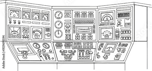 An intricate control panel featuring multiple gauges, buttons, and a joystick