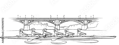 Six athletes in a sweep rowing boat glide on water beneath an ornate bridge