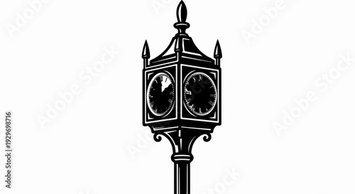 Ornate black and white square clock tower on a pole, showing Roman numerals