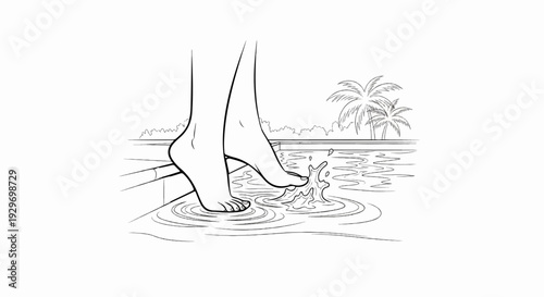 Feet dipping into a pool of water with palm trees in the background