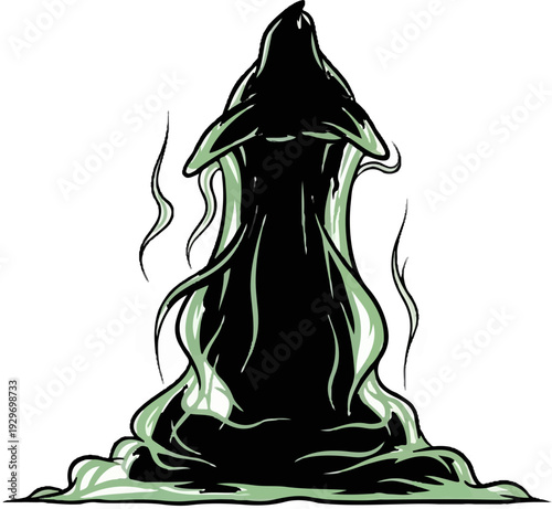 A dark, flowing, spectral figure with wispy, light green tendrils
