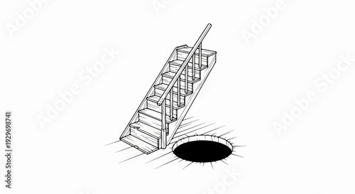 Wooden stairs ascend from a floor with a circular opening