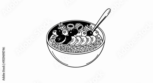 A black and white line drawing of a bowl filled with cereal, banana slices, blueberries, and raspberries