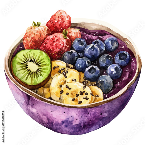watercolor painting of Acai Bowl, isolated on a white background.