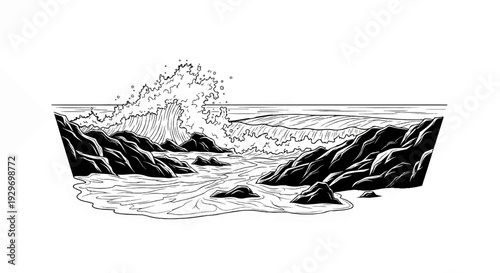 Stylized ink illustration of a powerful wave crashing against rocky shore