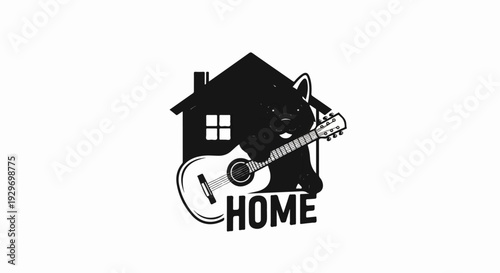 A playful black and white illustration of a cat with a guitar inside a house
