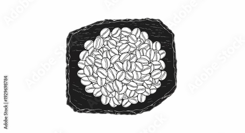 A cluster of coffee beans rests on a rough, dark surface