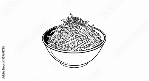 A line drawing shows a bowl filled with thin, cut vegetables and topped with tiny seeds