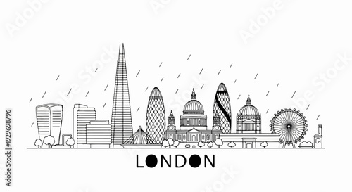Line art silhouette of the London skyline with rain falling