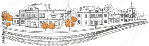 Sketch of a train station with arched entrances and a central tower, surrounded by trees