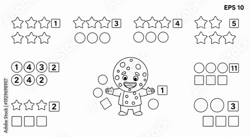 Educational worksheet with stars, circles, squares, and cartoon character