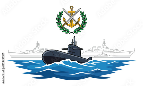 Naval Submarine with Emblem and Warships Outline at Sea