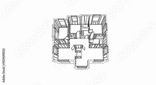 Detailed architectural blueprint shows interior layout of a multi-room dwelling with furniture