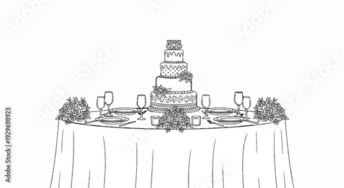 A sketched multi-tiered wedding cake sits center table, set for a feast