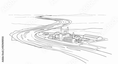 Industrial complex with chimneys next to a winding river in a rural landscape