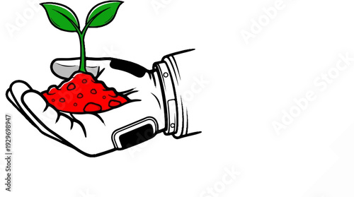 A gloved hand holds rich red soil with a new green sprout