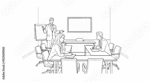 A presentation in a conference room with a presenter and two attendees