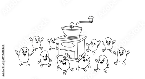 Dancing Beans Around a Grinder, Fun Kitchen Art for Young Children. transparent.