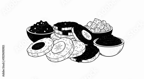 A still life illustration of various food items, including cookies, dips, and cheese cubes