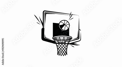 Stylized black and white illustration of a basketball in mid-air, about to enter a net