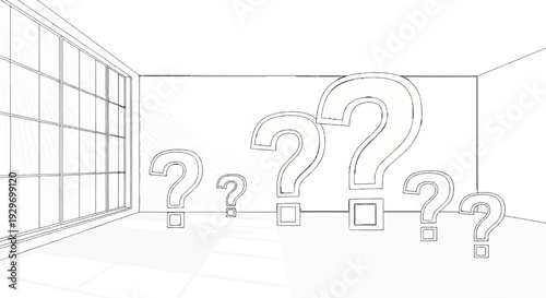 A sketch of question marks of varying sizes on a blank background