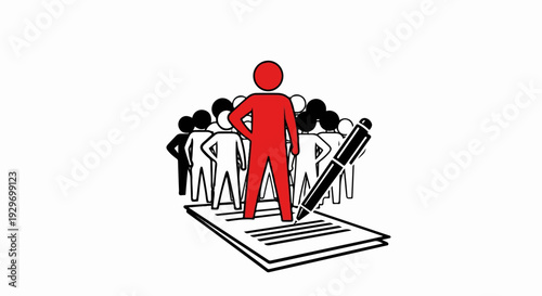 A red figure stands out against a crowd, a pen on a document