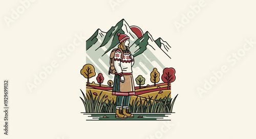 Woman in warm attire with backpack stands admiring autumnal mountain landscape at sunset