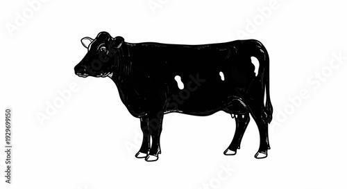 Stylized black and white illustration of a black and white spotted dairy cow
