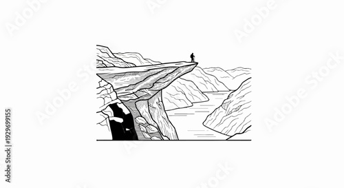 Hiker stands on cliff edge overlooking a fjord and distant mountains