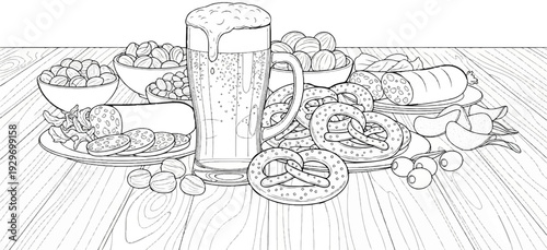 A refreshing beer mug overflows with foamy suds, surrounded by pretzels, sausages, and olives