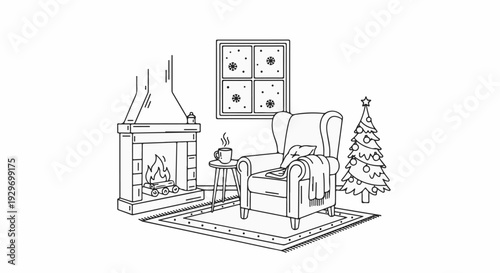 Cozy room with fireplace, armchair, and decorated Christmas tree