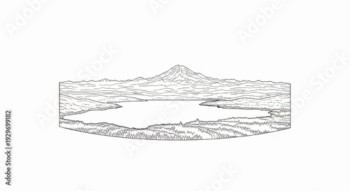 A detailed black and white sketch of a conical mountain over a calm lake and forest