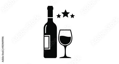 Black silhouette of wine bottle glass and stars against white background silhouette
