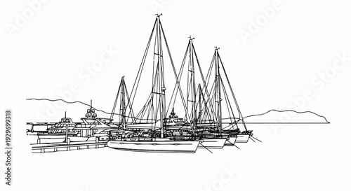 Several yachts and sailboats docked at a pier with mountains in the background