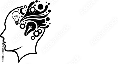 Silhouette of a head with gears, light bulbs, and abstract shapes symbolizing ideas