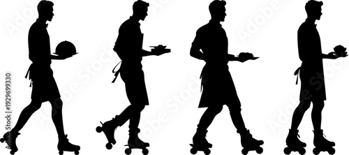 Waiter on Roller Skates Carrying Food Tray Silhouette