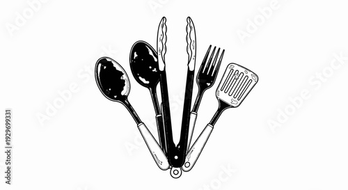 An artistic arrangement of kitchen utensils for cooking and serving
