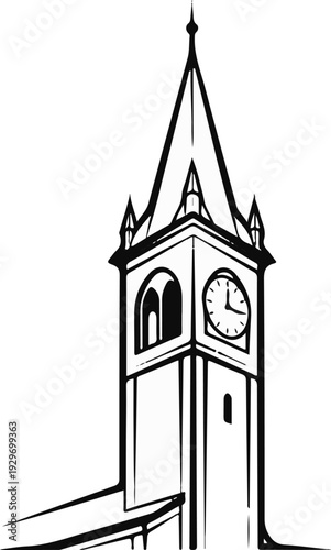 A black and white illustration of a clock tower with a pointed spire, arched windows, and a clock face