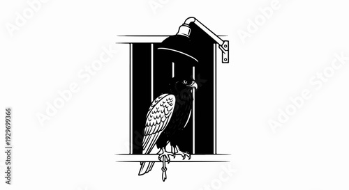 An eagle is chained under a lamp in a barred enclosure