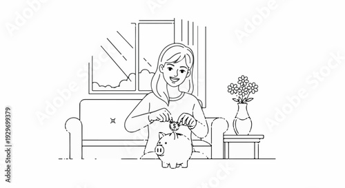 Woman smilingly putting coin into piggy bank, sunbeams, couch, vase, flowers