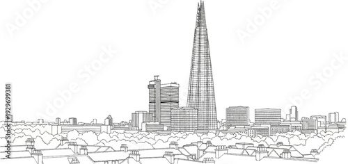 A sketched skyline features a tall, pointed skyscraper and other buildings behind rooftops