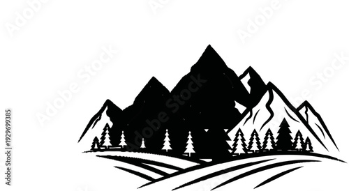 Stylized black and white mountain peaks rise behind a line of evergreen trees and rolling hills