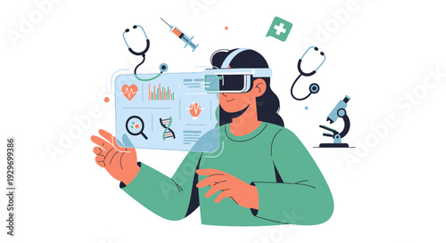 Virtual Reality Healthcare: Doctor Analyzing Medical Data with VR Headset and Holographic Interface. Digital Health, Augmented Reality, Medical Technology Illustration.