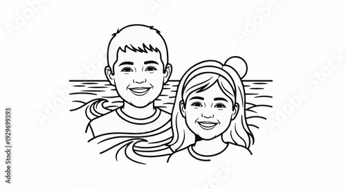 Two smiling children, a boy and a girl, at the beach with waves