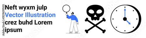 Person holding balloon next to skull and crossbones and clock. Ideal for safety, caution, time management, curiosity, balance, risk, and simple landing page