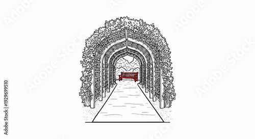 A shaded walkway under a floral archway leads to a red bench